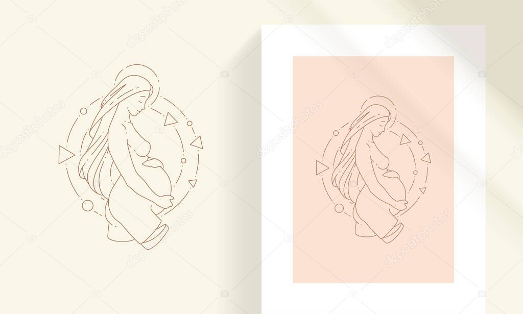 Pregnant female embracing belly line art style vector illustration. Boho pregnant woman linear drawing for poster and motherhood logo emblem decoration or fashion print.