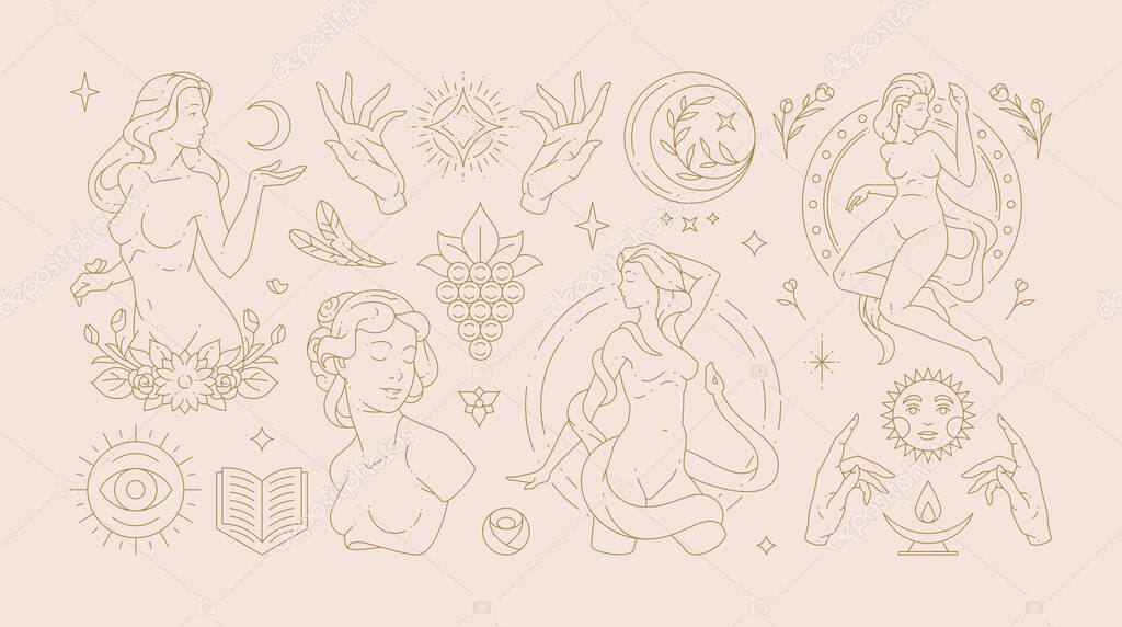 Magic woman boho vector illustrations of graceful feminine women and esoteric symbols set. Mysterious and witchcraft line art design elements. Bohemian silhouettes for greeting card, logo or poster.