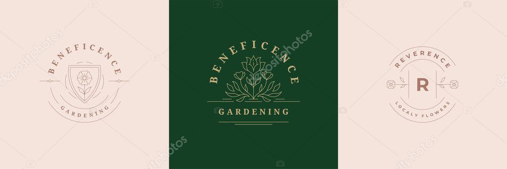 Flower logos emblems design templates set with botanical plants and petals vector illustrations minimal line art style. Outline symbols for cosmetics and packaging or floral products branding
