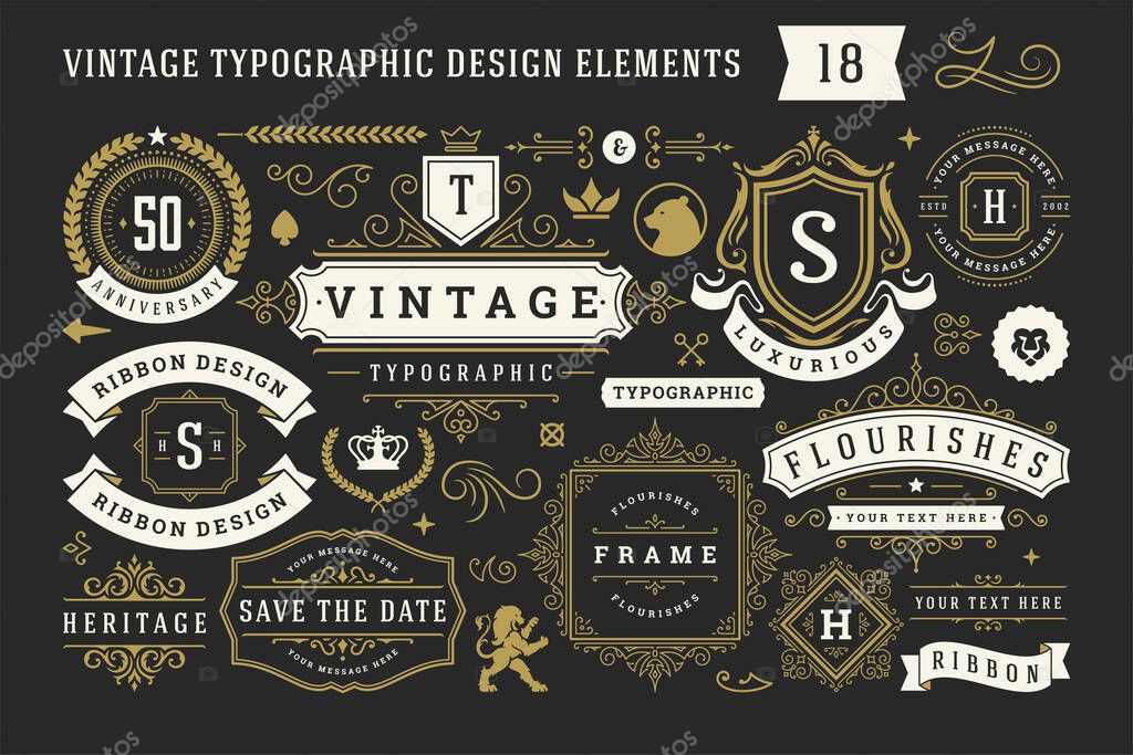 Vintage typographic decorative ornament design elements set vector illustration. Labels and badges, retro ribbons, luxury fancy logo symbols, elegant calligraphic swirls, flourishes ornate vignettes.