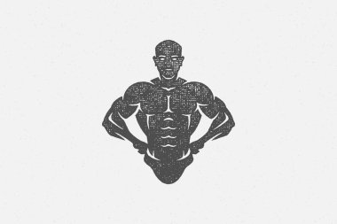 Güçlü vücut geliştirici, el silueti ve pul vektör çizimi gösteriyor..