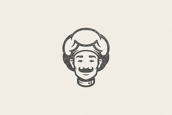 Logo icône tête de sourire mâle cuisinier silhouette en chapeau de chef dessin à la main effet timbre vectoriel illustration — Image vectorielle