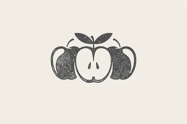 Sílhuetas de maçãs frescas inteiras e cortadas pela metade para o logotipo de comida saudável e orgânica carimbo desenhado à mão — Vetor de Stock