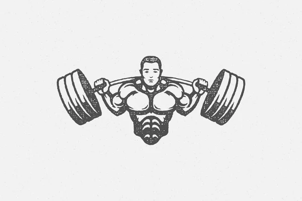 Strong bodybuilder lifting barbell silhouette hand drawn stamp vector illustration. — Stock Vector