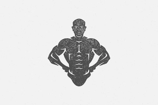 Kraftfull bodybuilder visar musklerna silhuett hand dras stämpel vektor illustration. — Stock vektor