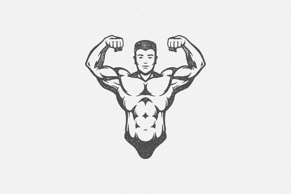 Kraftvoller Bodybuilder zeigt Muskeln Silhouette handgezeichnete Stempel Vektor Illustration. — Stockvektor