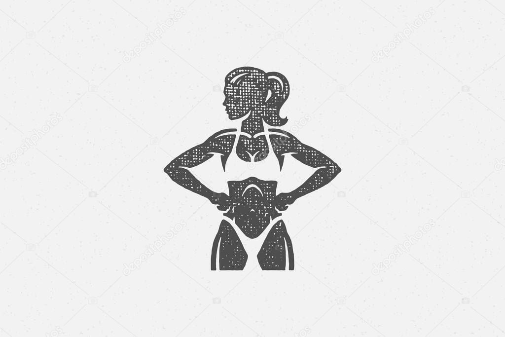 Muscular sportswoman in underwear silhouette vector illustration. Powerful woman in lingerie holding hands on waist fitness workout hand drawn stamp and grunge texture for poster or label decoration