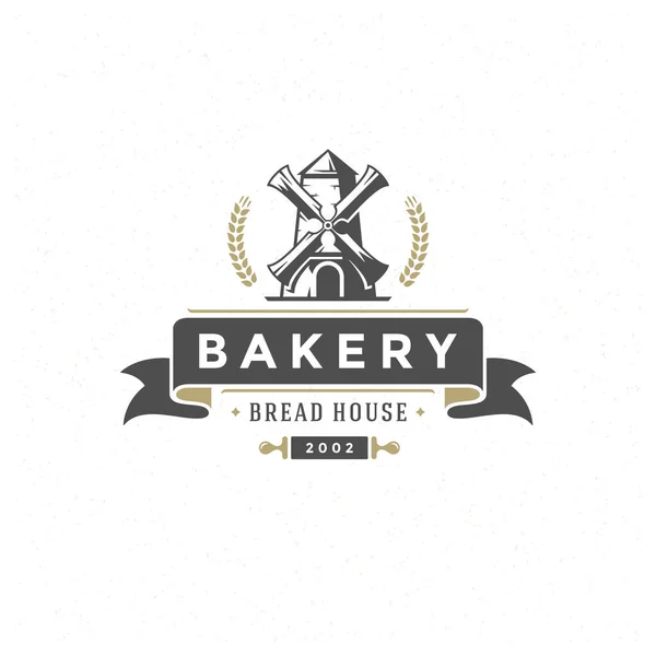 Badge de boulangerie ou illustration vectorielle rétro d'étiquette. Silhouette de moulin pour la boulangerie. — Image vectorielle