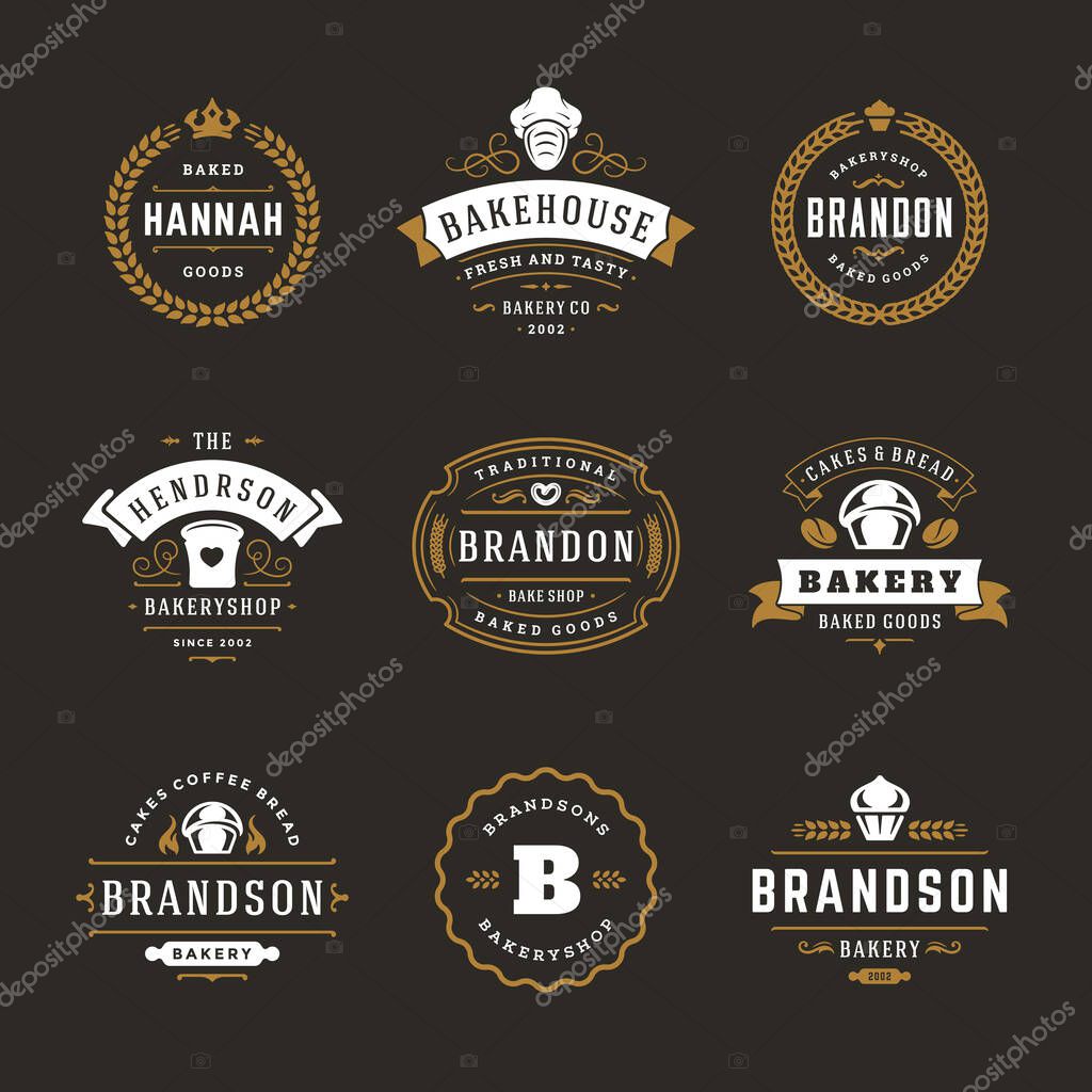 Bakery logos and badges design templates set vector illustration. Good for bakehouse and cafe emblems. Retro typography elements and silhouettes.