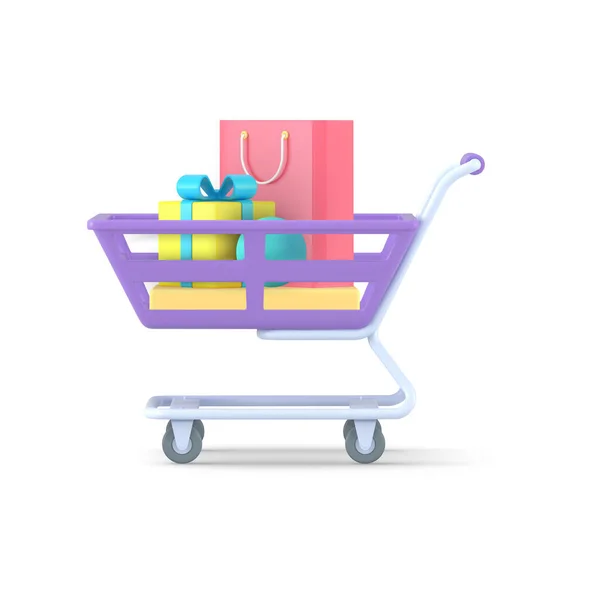 Chariot pour les achats 3D avec icône vectorielle paquets. Roues de conteneur violet métallique avec cadeau jaune et sac rouge. — Image vectorielle