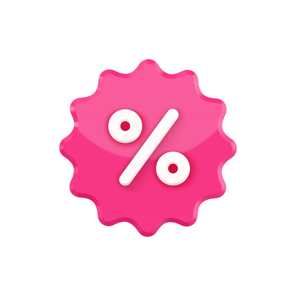 Метка 3d с иконкой процентного вектора. Розовое пятно на этикетке с белой скидкой.