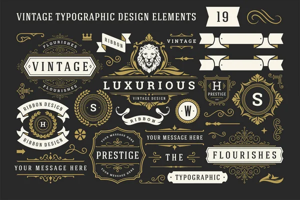 Vintage typographic decorative ornament design elements set vector illustration — Stock Vector