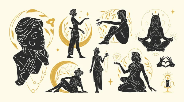 Magia mulher vetor ilustrações de mulheres femininas graciosas e símbolos esotéricos conjunto —  Vetores de Stock