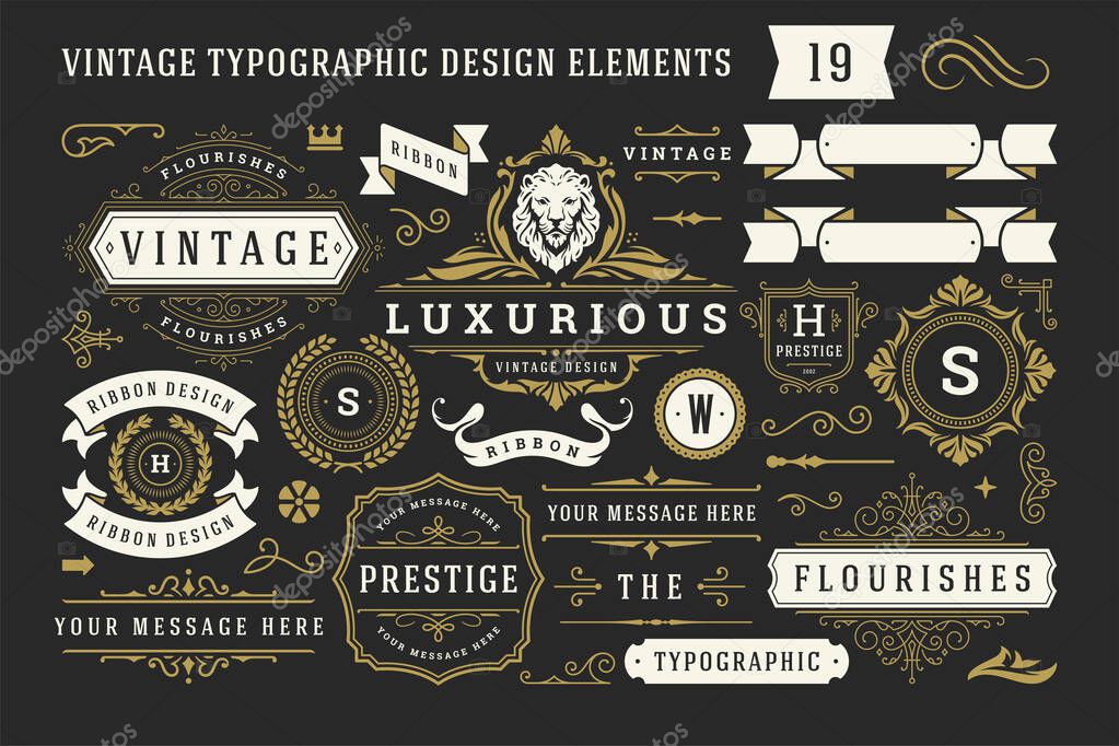 Vintage typographic decorative ornament design elements set vector illustration. Labels and badges, retro ribbons, luxury fancy logo symbols, elegant calligraphic swirls, flourishes ornate vignettes.