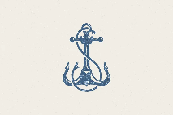 Silhouette ancre traditionnelle emblème de l'industrie maritime dessin à la main effet timbre illustration vectorielle. — Image vectorielle