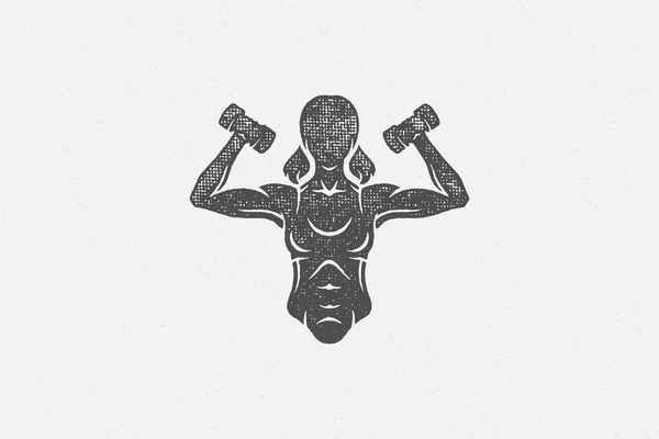 Puissant sportif faisant de l'exercice avec des haltères silhouette dessin à la main illustration vectorielle de timbre. — Image vectorielle