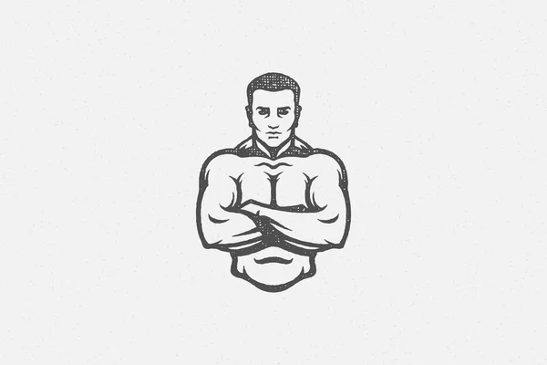 Powerful bodybuilder showing muscles silhouette hand drawn stamp vector illustration. — Stock Vector