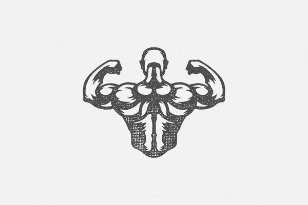 Kraftfull bodybuilder visar musklerna silhuett hand dras stämpel vektor illustration. — Stock vektor