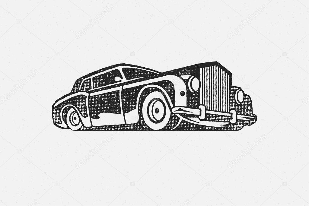 Old classic car silhouette hand drawn ink stamp vector illustration.