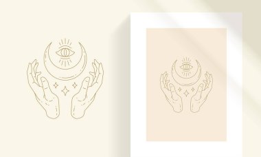 Female hands with crescent moon line art style vector illustration.