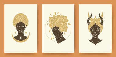 Set of abstract female portraits silhouettes modern line art drawing style