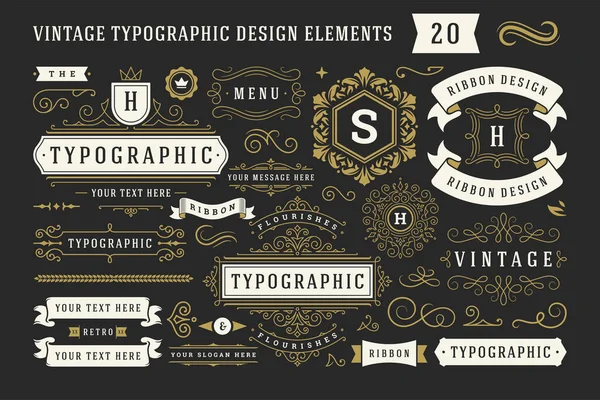 Vintage typografische dekorative Ornamentdesign-Elemente setzen Vektorillustration — Stockvektor