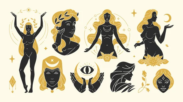 Mujer mágica vector ilustraciones de las mujeres femeninas elegantes y símbolos esotéricos conjunto — Archivo Imágenes Vectoriales