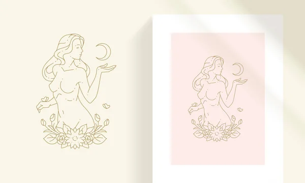 Όμορφη μποέμικο θηλυκό με φεγγάρι και λουλούδια γραμμή τέχνη στυλ διάνυσμα εικονογράφηση. — Διανυσματικό Αρχείο