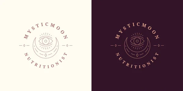 Magische maan halve maan met oog logo embleem ontwerp template vector illustratie in minimale lijn kunst stijl — Stockvector