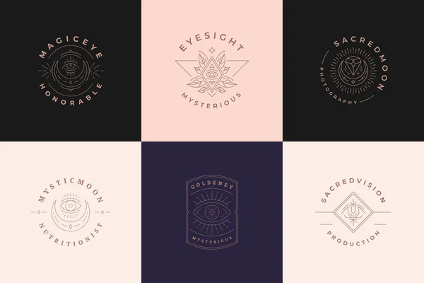 Logotipos esotéricos emblemas plantillas de diseño con ojos mágicos y pestañas ilustraciones vectoriales estilo lineal mínimo — Archivo Imágenes Vectoriales