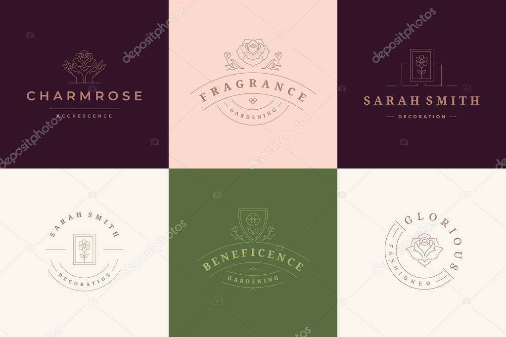 Flower logos emblems design templates set with botanical plants and rose vector illustrations minimal linear style. Outline symbols for cosmetics and packaging or floral products branding