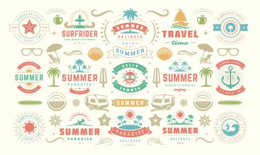 Yaz tatili etiketleri ve rozet tasarımı posterler ve tişörtler için retro tipografi seti.