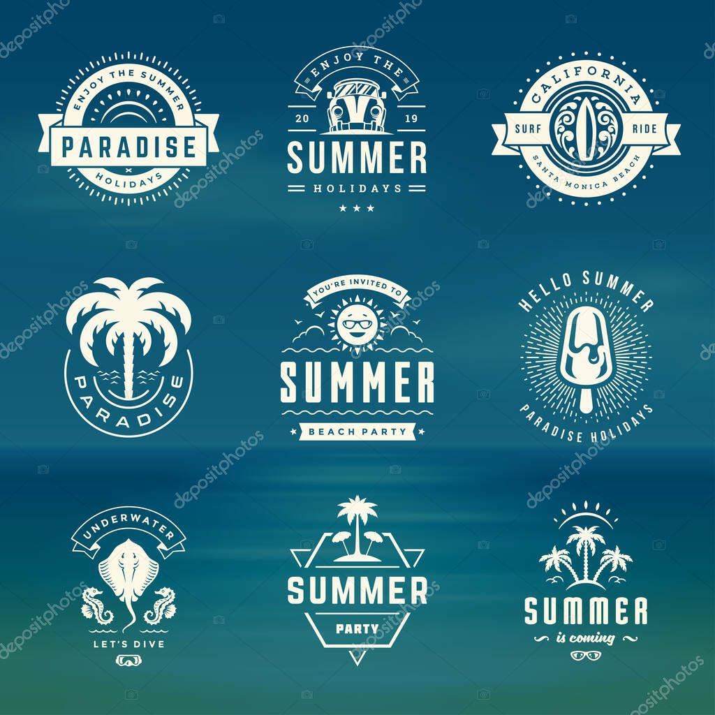 Summer holidays labels and badges retro typography design set. Templates for greeting cards, posters and apparel design. Vector illustration.