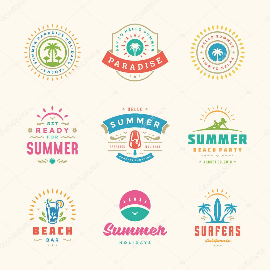 Summer holiday labels and badges retro design set. Templates for greeting cards, posters and apparel design. Beach vacation logos with palm trees and sun icons vector illustrations.