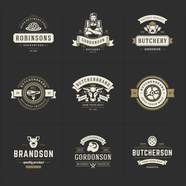 Kasap logoları çiftlik ya da restoran rozetleri ve et siluetleri için vektör illüstrasyonunu iyi ayarlar