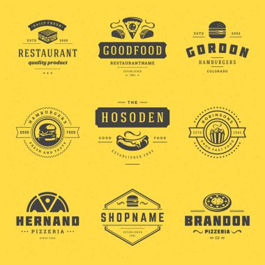 Fast food logoları vektör illüstrasyonunu pizzacı, hamburgerci ve restoran menüsü için iyi ayarlar.
