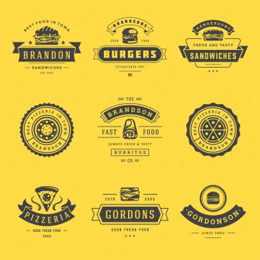 Fast food logoları vektör illüstrasyonunu pizzacı, hamburgerci ve restoran menüsü için iyi ayarlar.