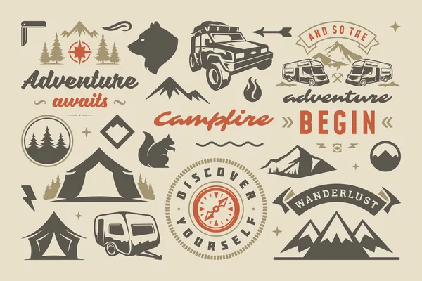 Camping e elementos de design de aventura ao ar livre conjunto citações e ícones ilustração vetorial — Vetor de Stock