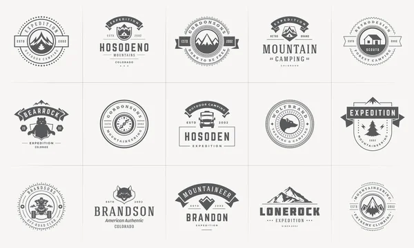 Logos et badges camping modèles vectoriels éléments de design et silhouettes ensemble — Image vectorielle