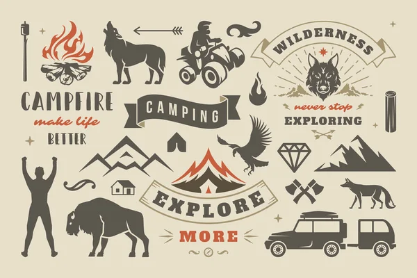 Camping e elementos de design de aventura ao ar livre conjunto, citações e ícones ilustração vetorial — Vetor de Stock