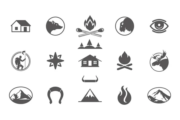 Camping och utomhus äventyr designelement och ikoner uppsättning vektor illustration — Stock vektor