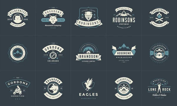 Logotipos de camping y plantillas de insignias vectoriales elementos de diseño y siluetas conjunto — Archivo Imágenes Vectoriales