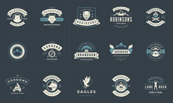 Logotipos de camping y plantillas de insignias vectoriales elementos de diseño y siluetas conjunto — Vector de stock