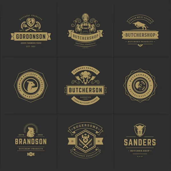 Logotipos de carnicería set vector ilustración bueno para insignias de granja o restaurante con animales y siluetas de carne — Vector de stock