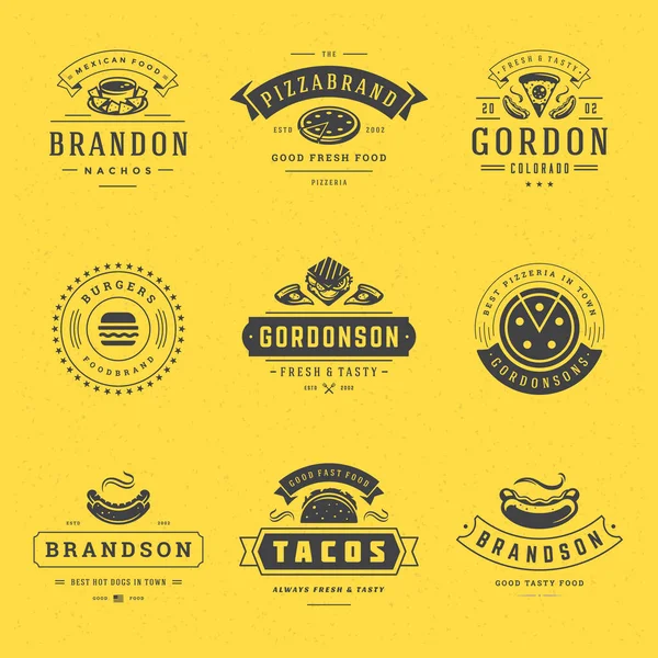Snabb mat logotyper som vektor illustration bra för pizzeria, hamburgare butik och restaurang meny — Stock vektor