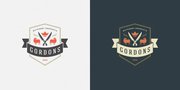 Macelleria logo vettore illustrazione agnello con silhouette coltelli buono per fattoria o ristorante badge — Vettoriale Stock