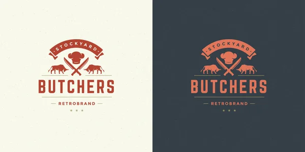 Bife casa logotipo vetor ilustração touros com facas silhueta bom para fazenda ou restaurante crachá — Vetor de Stock