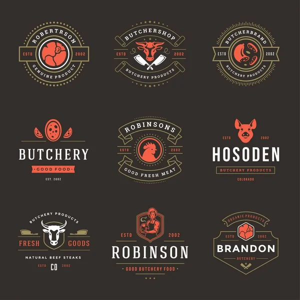 Logos de boucherie illustration vectorielle pour badges de ferme ou de restaurant avec des silhouettes d'animaux et de viande — Image vectorielle
