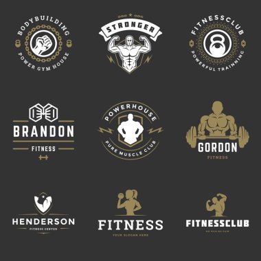 Fitness Merkezi ve spor salonu logoları ve rozetler tasarım vektör çizimi.
