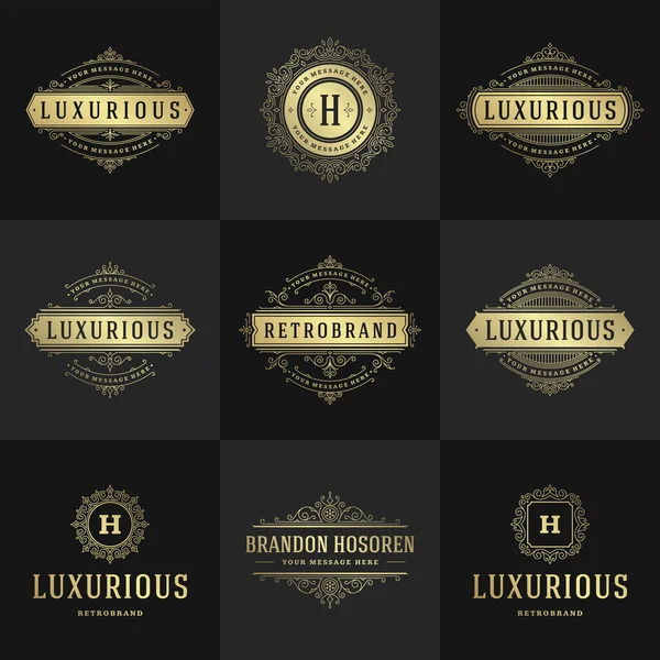 Logotipos vintage y monogramas conjunto elegante florece línea arte elegantes ornamentos estilo victoriano vector plantilla diseño — Vector de stock